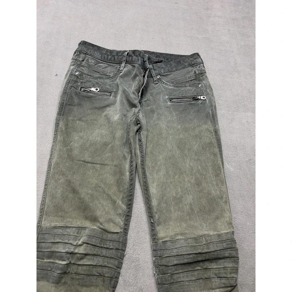 Robins Jean Mens Moto Biker Slim Pants Faded Olive Green Zipper Ribbed Knee 29